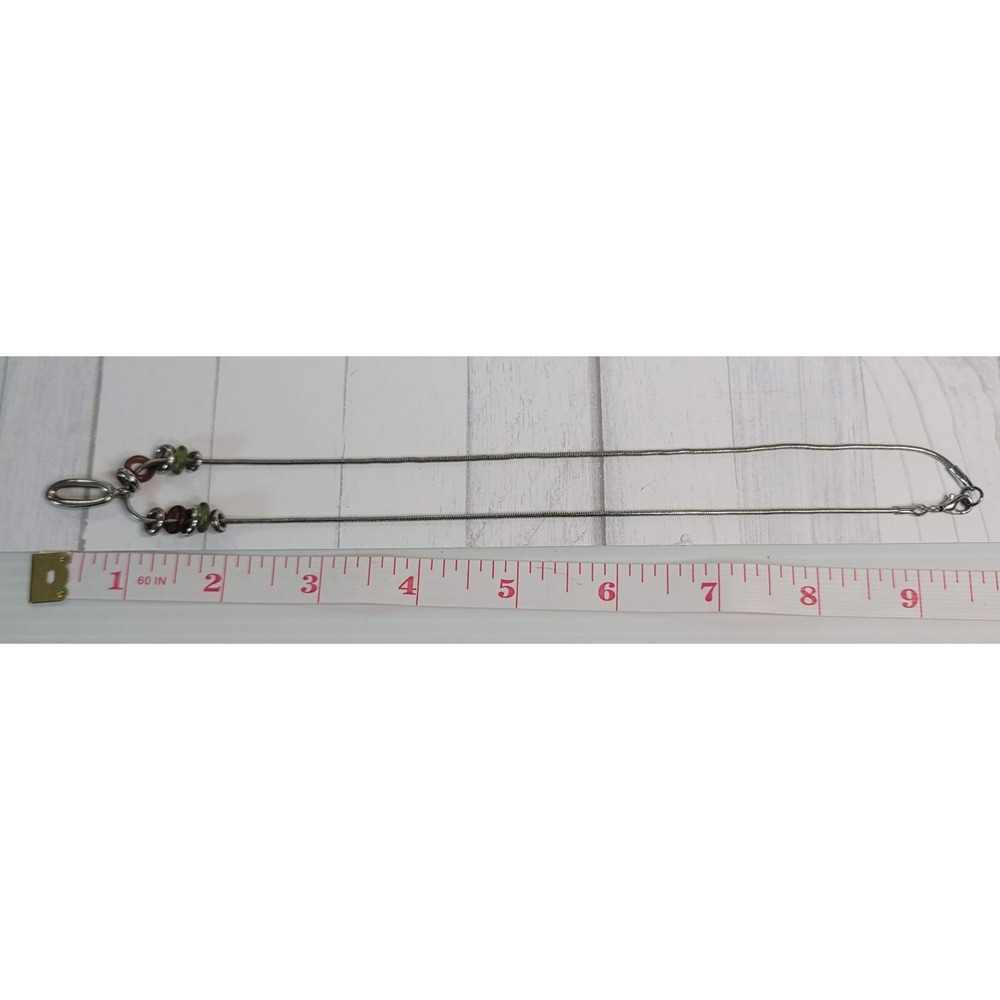 Silver Tone Snake Chain Necklace Oval Hoop Green Burgundy Beads Chic Minimalist - Picture 5 of 5